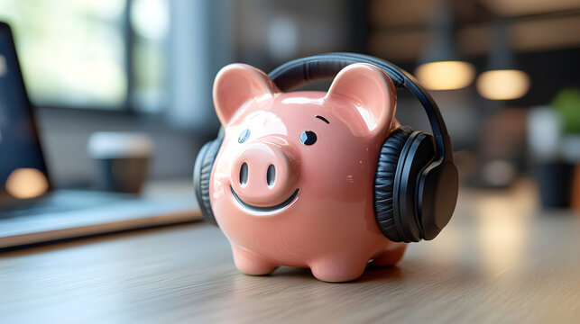 Cute small pink piggy bank wearing modern black headphones on office table