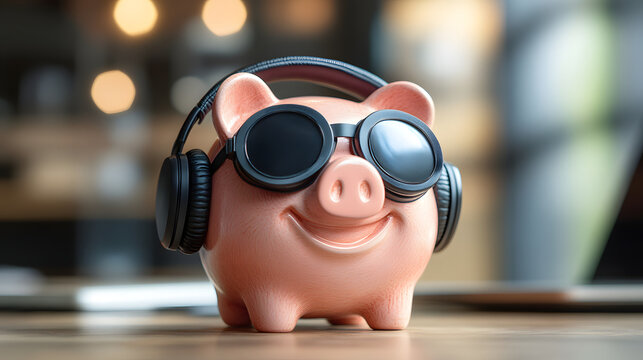 Fun small pink piggy bank wearing stylish summer black sunglasses on table