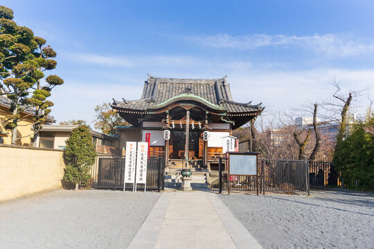 Shinobazunoike Bentendo Temple with blue sky in Tokyo, Japan.