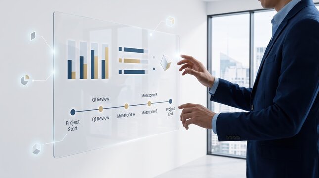 Businessman interacting with futuristic transparent holographic data dashboard, analyzing project timeline and financial charts in modern office, technology concept