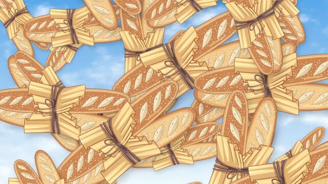 Animated French Baguette Bread Falling Against a Blue Sky Background