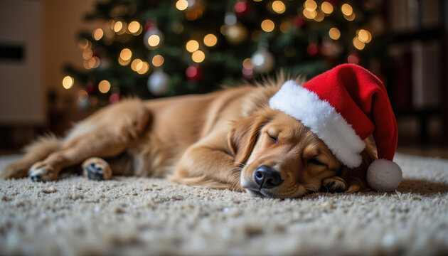 Golden Retriever dog sleeping on carpet wearing Santa hat in front of Christmas tree