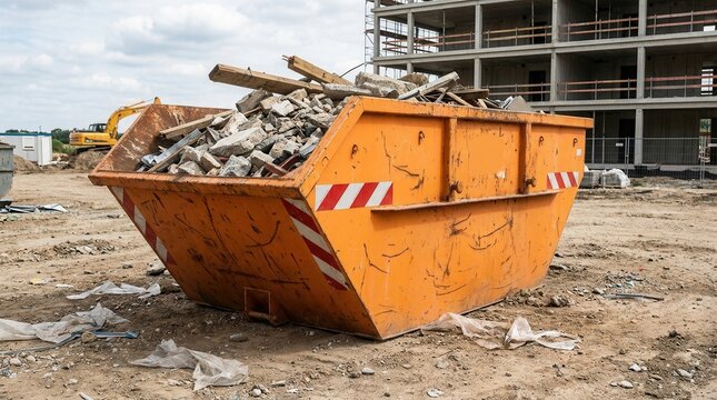 Construction refuse filling a large container on a building project site