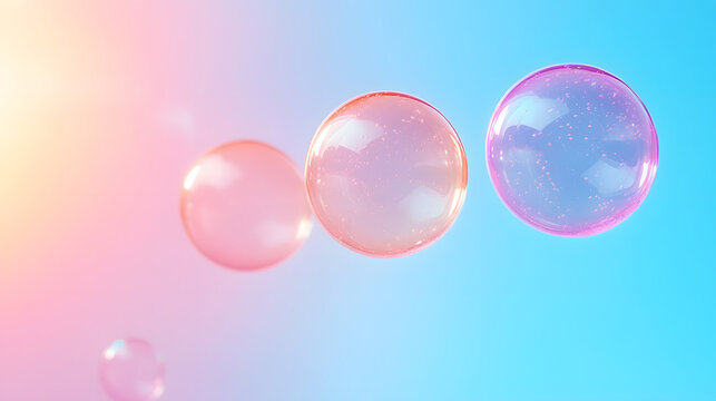 Soft pastel pink glossy floating soap bubbles background abstract layout