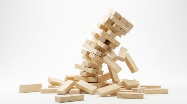 A breaking down Jenga tower made of unstable wood blocks on a white background