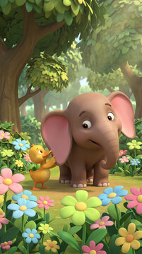 Cute cartoon elephant and duckling in a vibrant forest setting