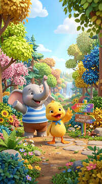 Cute Elephant and Duck in Vibrant Forest Cartoon Scene