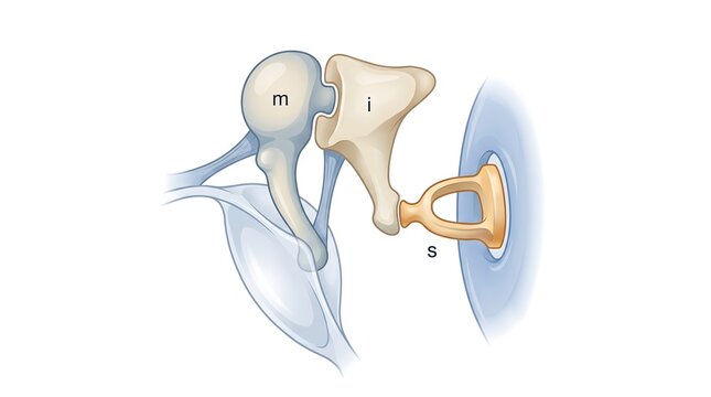 Detailed medical illustration of human ear auditory ossicular chain bone structure
