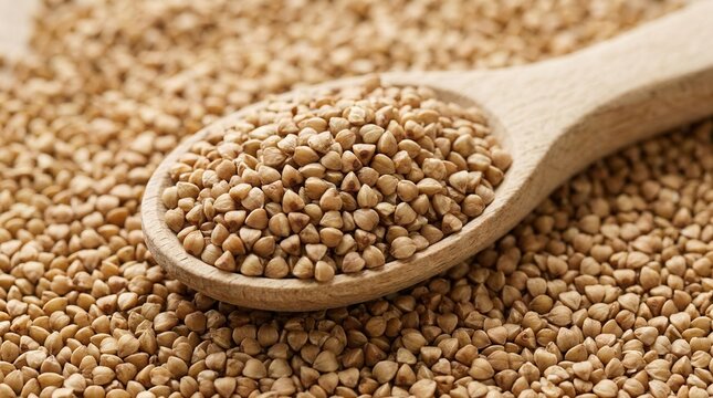 Wooden spoon filled with buckwheat groats and surrounding grains showing organic texture and healthy ingredients