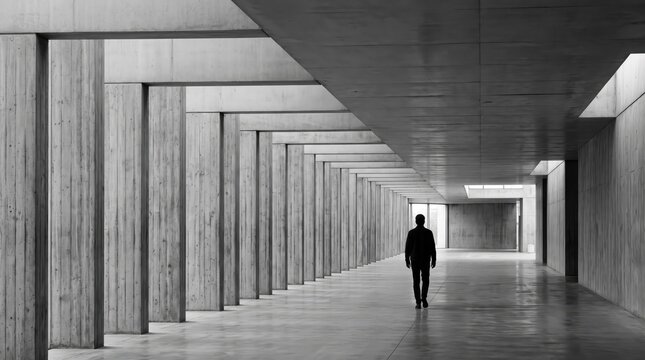 Silhouette of man walking through brutalist concrete architecture corridor with repeating columns, black and white minimalist composition emphasizing depth and perspective.