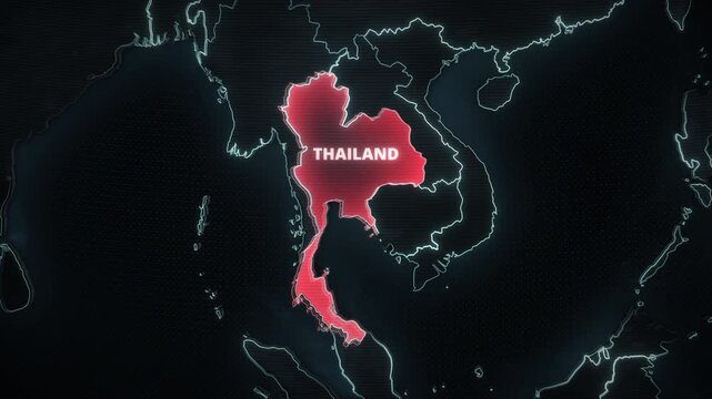 Dark digital map of Thailand, Southeast Asia, featuring a red alert highlight, glowing neon borders, and clean country name typography, ideal for a news broadcast opener or presentation backdrop.

