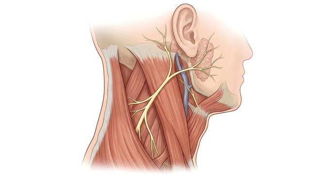 Anatomical medical illustration of human neck superficial branches showing great auricular nerve pathway