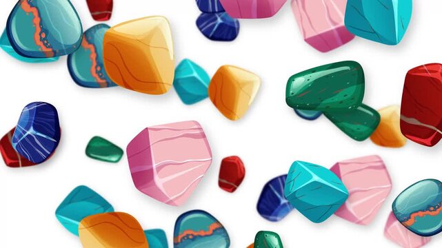 Colorful Polished Gemstones and Crystals Falling on White Background