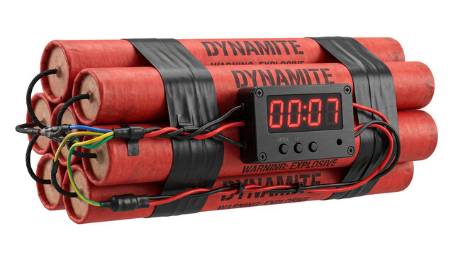 Bundle of red dynamite sticks with digital timer and black tape explosive