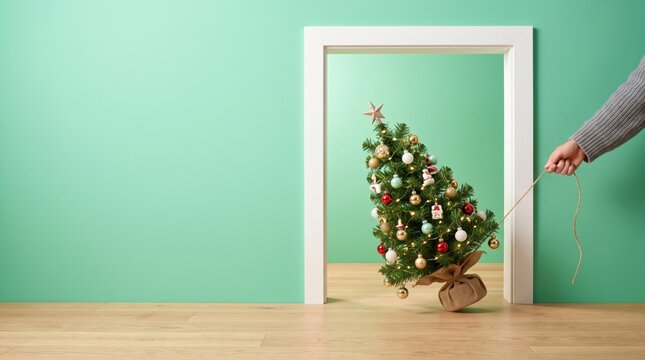 Hand pulling small decorated Christmas tree with a rope through white door frame on green background