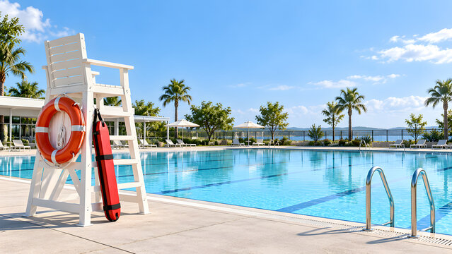 Lifeguard Chair and Rescue Ring Beside an Empty Pool