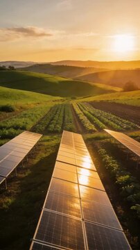 Golden Hour Future, warm sunset rays reflecting off sleek solar panels amidst  green crops, gentle rolling hills, serene sky, ideal for clean energy