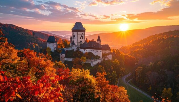 A majestic medieval castle perched on a hill during a vibrant autumn sunset.