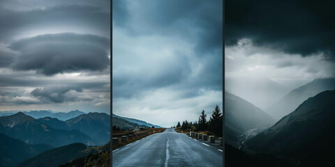 Obraz premium Three vertical panels showing moody mountain landscapes with stormy clouds and winding roads