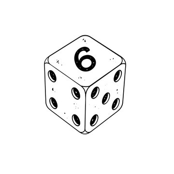 Single six sided die with hand drawn doodle style ink lines illustration isolated as a vector object on transparent background