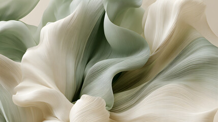 Imagery featuring abstract 3D floral petals with a luxurious silk texture. Sage green and cream flowing curves form a contemporary botanical backdrop. Minimalistic, organic forms for a refined wellnes