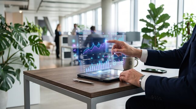 Businessman interacting with futuristic holographic data visualization in modern office, touching virtual financial charts and graphs for advanced technology analytics concept