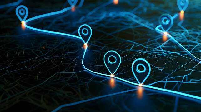 Digital navigation routes featuring GPS markers and indicating modern travel technology