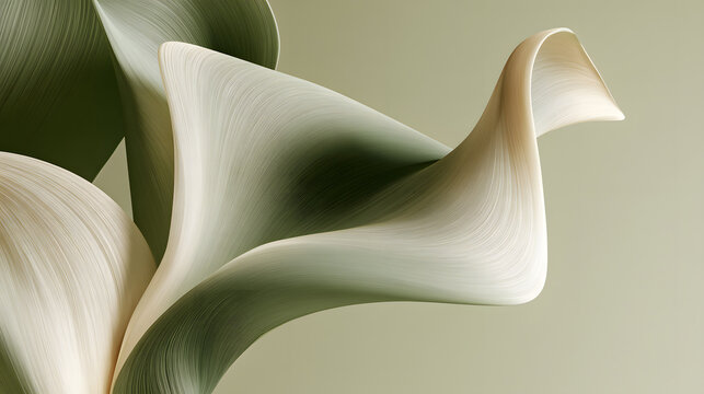 Three-dimensional abstract floral petal shapes adorned with a luxurious silk texture. Sage green and cream lines form a modern botanical backdrop. Minimalist organic forms for upscale wellness and eco