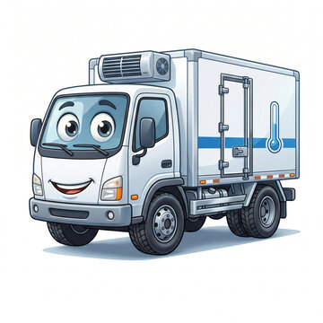 A friendly cartoon white refrigerated delivery truck with a smiling face and a thermometer icon on its side.