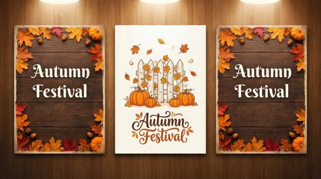 Set of three decorative posters for an autumn festival featuring pumpkins and leaves for seasonal halloween celebrations