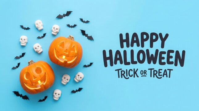 Festive happy halloween background featuring carved pumpkins and spooky bat decorations on a bright blue flat lay surface