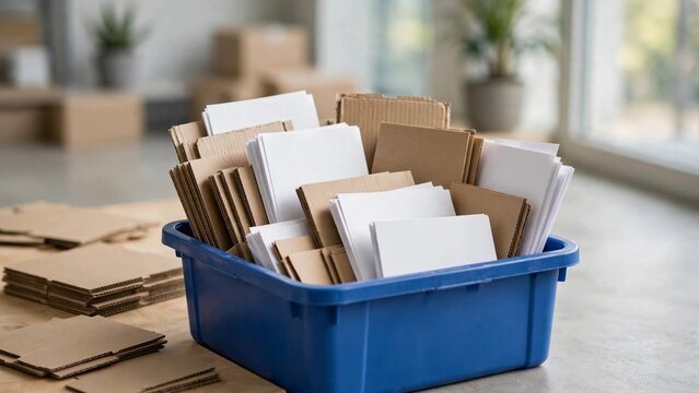 Contemporary office setting with organized recycled cardboard and paper sheets in blue plastic container for efficient eco-friendly packaging solution
