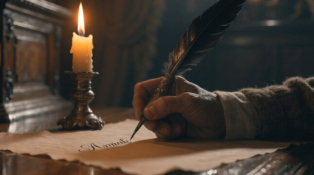 Hand writing Gothic letters on parchment with quill by candlelight