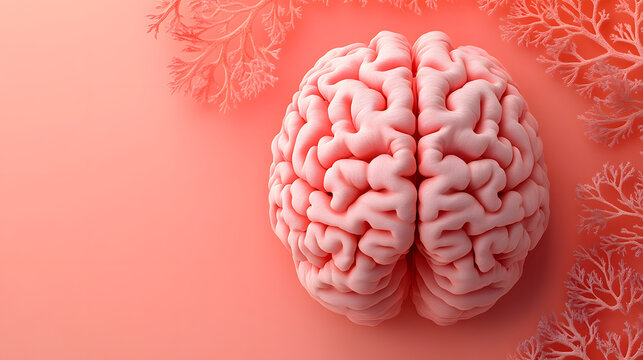 Human brain organ model sitting on soft pink textured background gradient