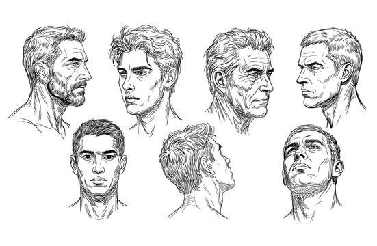 Male head angles drawing reference sketch set, dynamic face perspectives and head tilt anatomy tutorial for artists