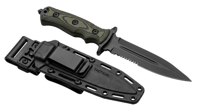 Tactical combat knife with serrated blade and olive green handle in sheath