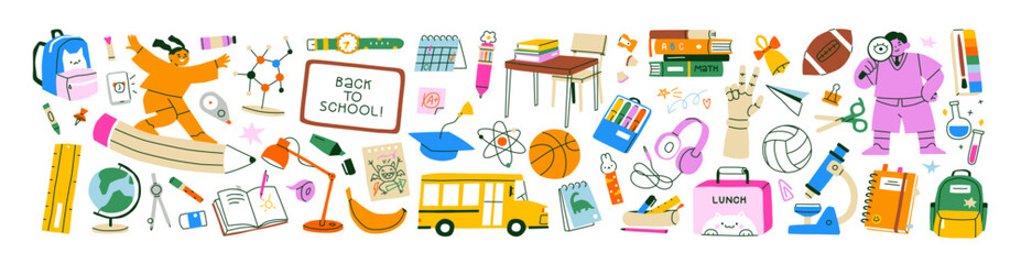 Back-to-school set. Study book, education elements, school supplies and stationery. Student, kids design elements, backpack, pencil, study board. Cute flat vector illustrations isolated on white © Good Studio