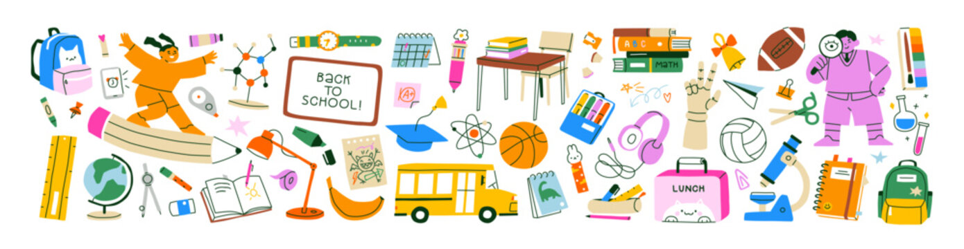 Back-to-school set. Study book, education elements, school supplies and stationery. Student, kids design elements, backpack, pencil, study board. Cute flat vector illustrations isolated on white