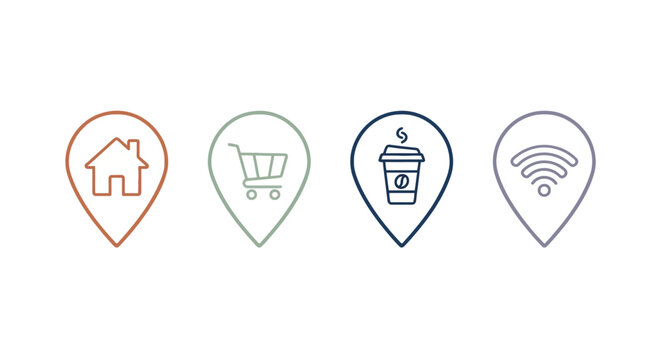 Location Pin Icon Set - Home, Shopping, Coffee, WiFi Symbols.
