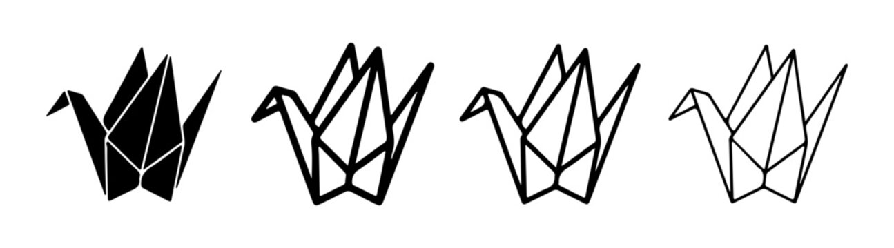 Origami crane icon set in solid and outline style with paper fold, geometric, Japanese and bird symbols for craft, peace and minimalist design, including 4 vector illustrations