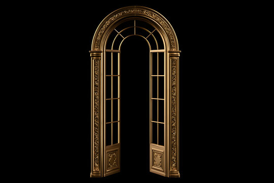 A grand, elaborately decorated, gold-embossed archway standing alone on a clear background