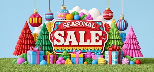 Naklejka premium A cheerful holiday scene with colorful paper ornaments, stylized pine trees, and neatly wrapped gifts arranged for a seasonal sale.
