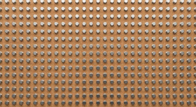 Abstract background of metal studs on a brown wooden pegboard surface