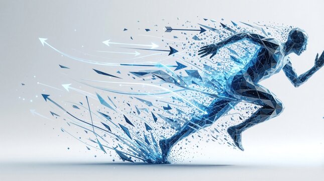 Abstract digital man runs forward with blue energy trails and arrows. Geometric figure moves fast with particle effect. Concept of speed progress and acceleration. Futuristic motion graphic.