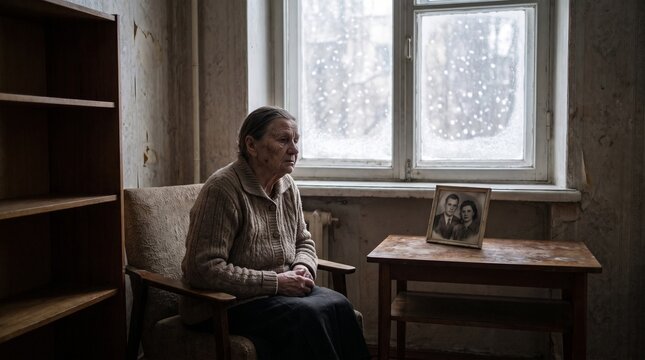 Older woman sitting alone in a modest room near a window in winter  