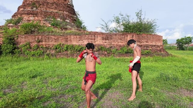 Muay Boran Fighters Sparring Outdoors at Ancient Ayutthaya Temple