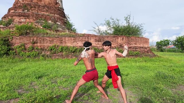 Muay Boran Fighters Sparring at Ancient Ayutthaya Temple Ruins