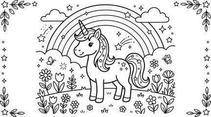 Fototapeta premium Cute Unicorn Coloring Page With Rainbow Flowers Clouds And Magical Fantasy Nature Details