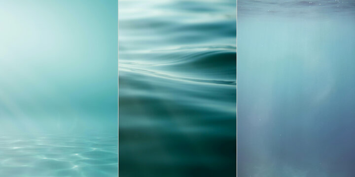 Three vertical panels showing underwater views and deep blue rippling ocean water surface