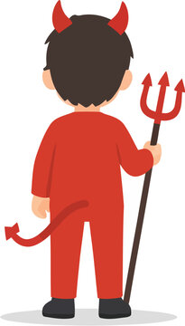 Cute boy in devil costume holding a red pitchfork isolated on a clean white vector background